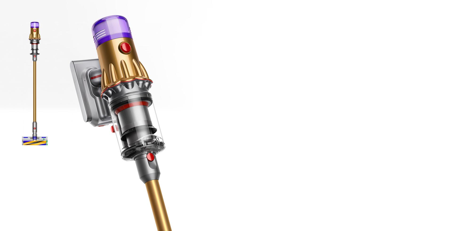 مكنسة Dyson V12 Detect Slim معروضة بطريقة العرض الكاملة وطريقة العرض المُقرَّبة معاً.