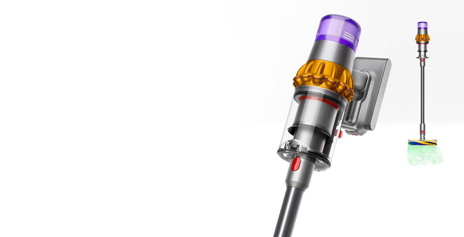 Dyson V15 Detect vacuum shown in both full view and close-up.