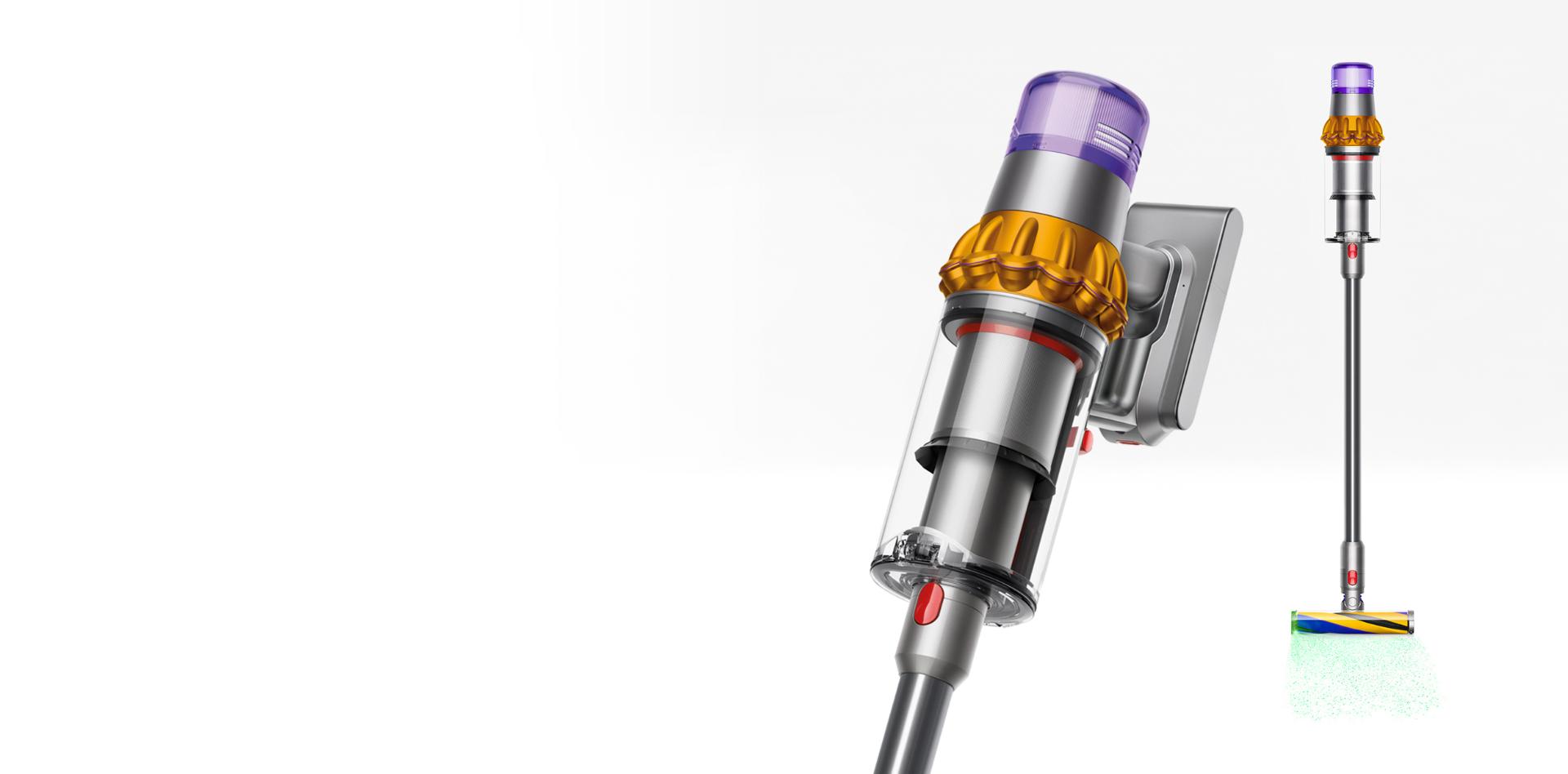 Dyson V15 Detect vacuum shown in both full view and close-up.