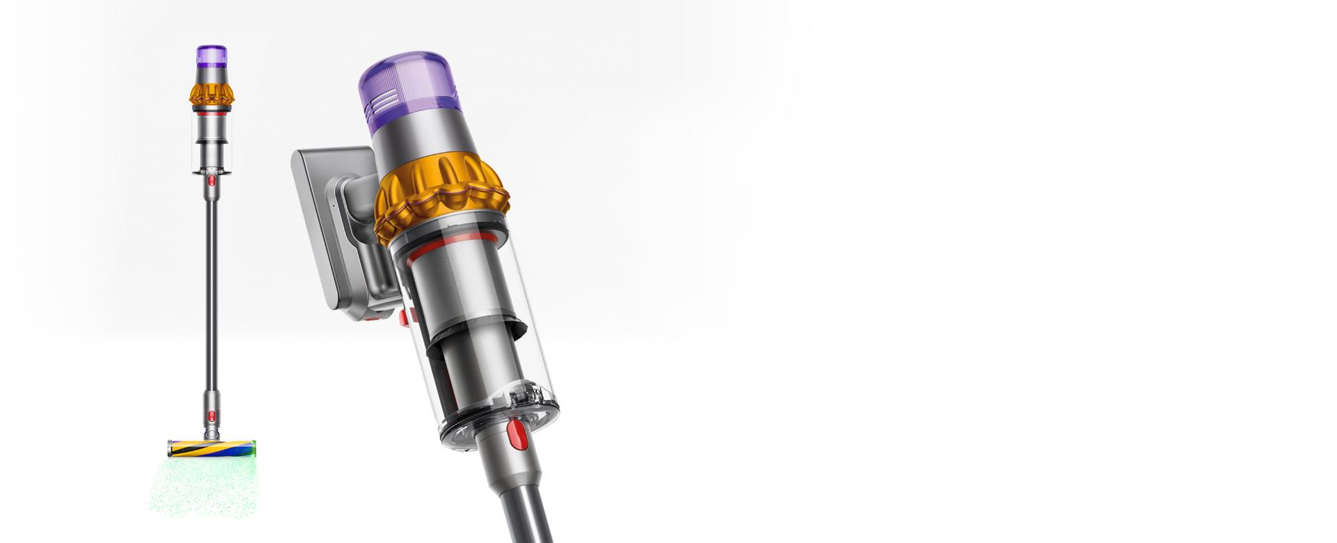 مكنسة Dyson V15 Detect معروضة بطريقة العرض الكاملة وطريقة العرض المُقرَّبة معاً.