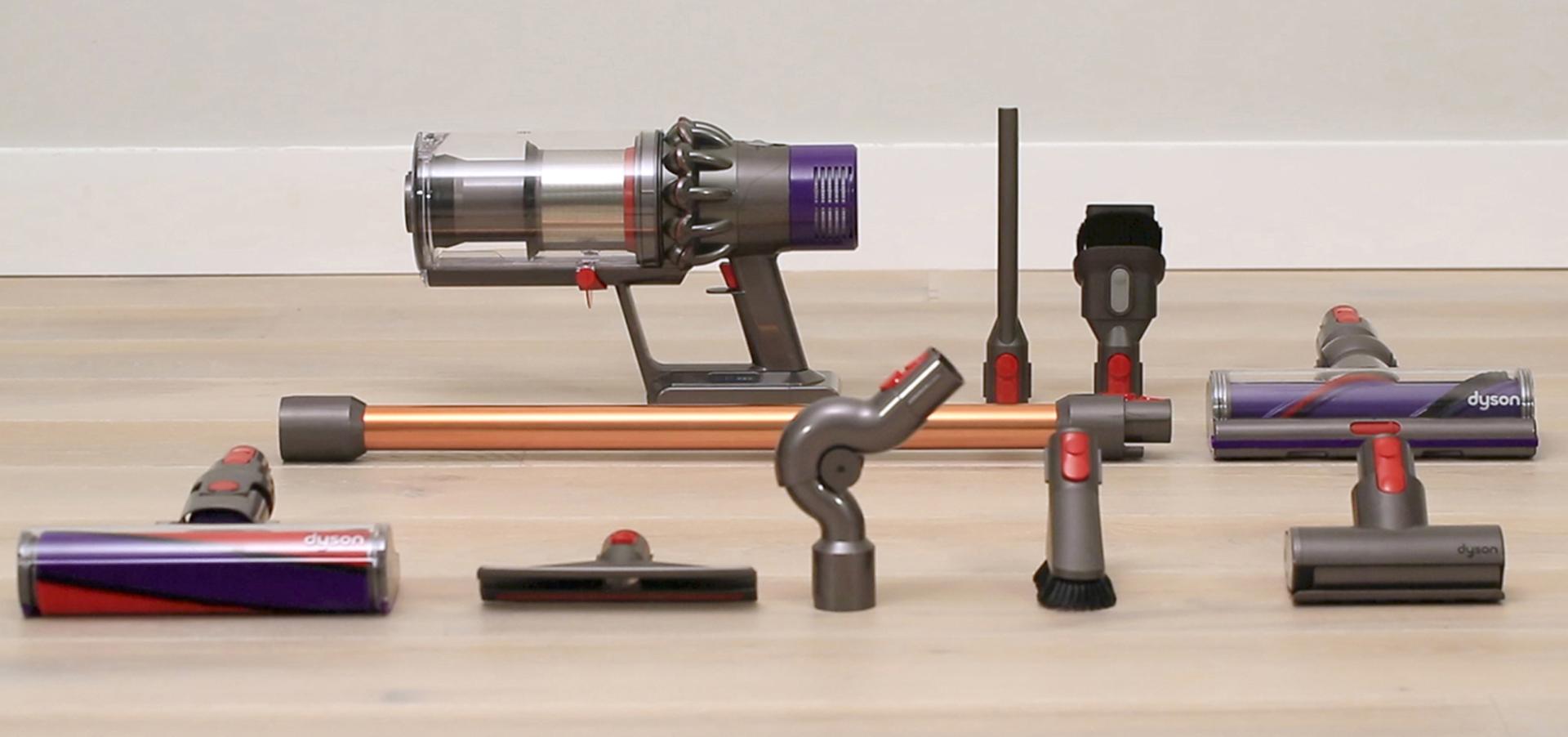 Dyson Cyclone V10 vacuum and tools laid out