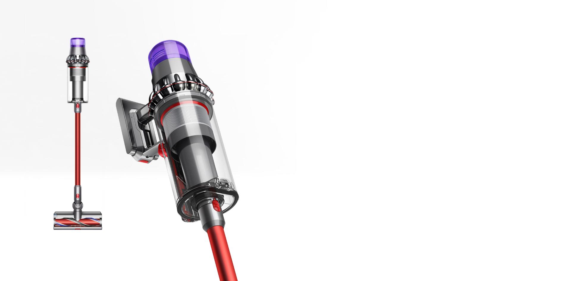 مكنسة Dyson Outsize معروضة بطريقة العرض الكاملة وطريقة العرض المُقرَّبة معاً.