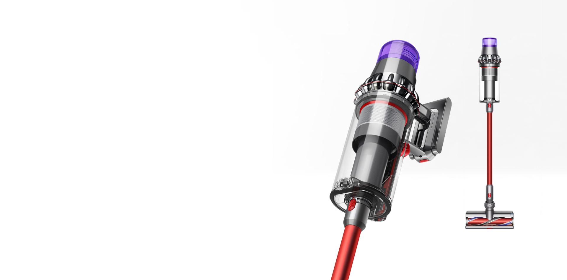 Dyson Outsize vacuum shown in both full view and close-up.