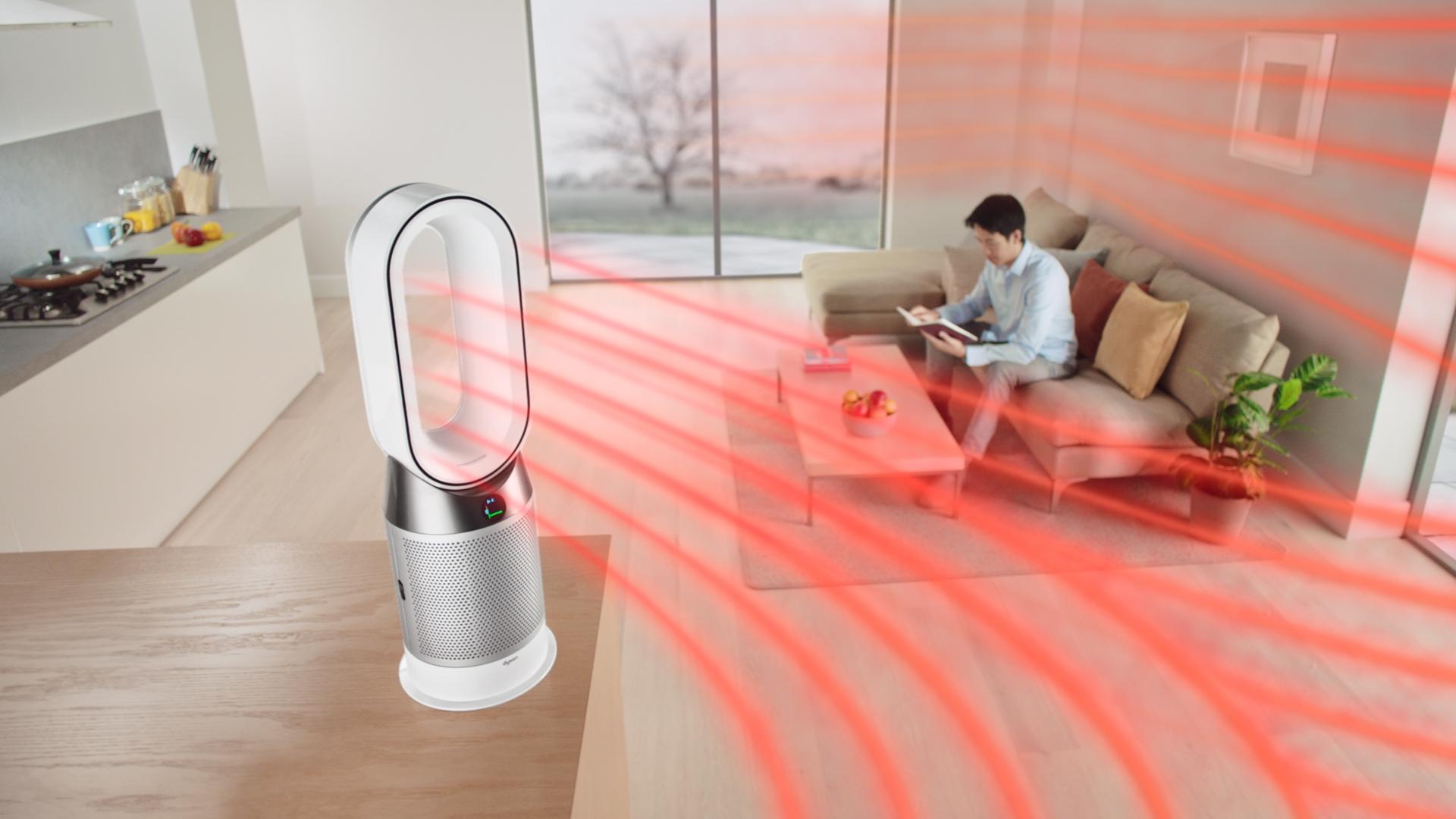 Dyson purifier fan heater projecting warm air around a room