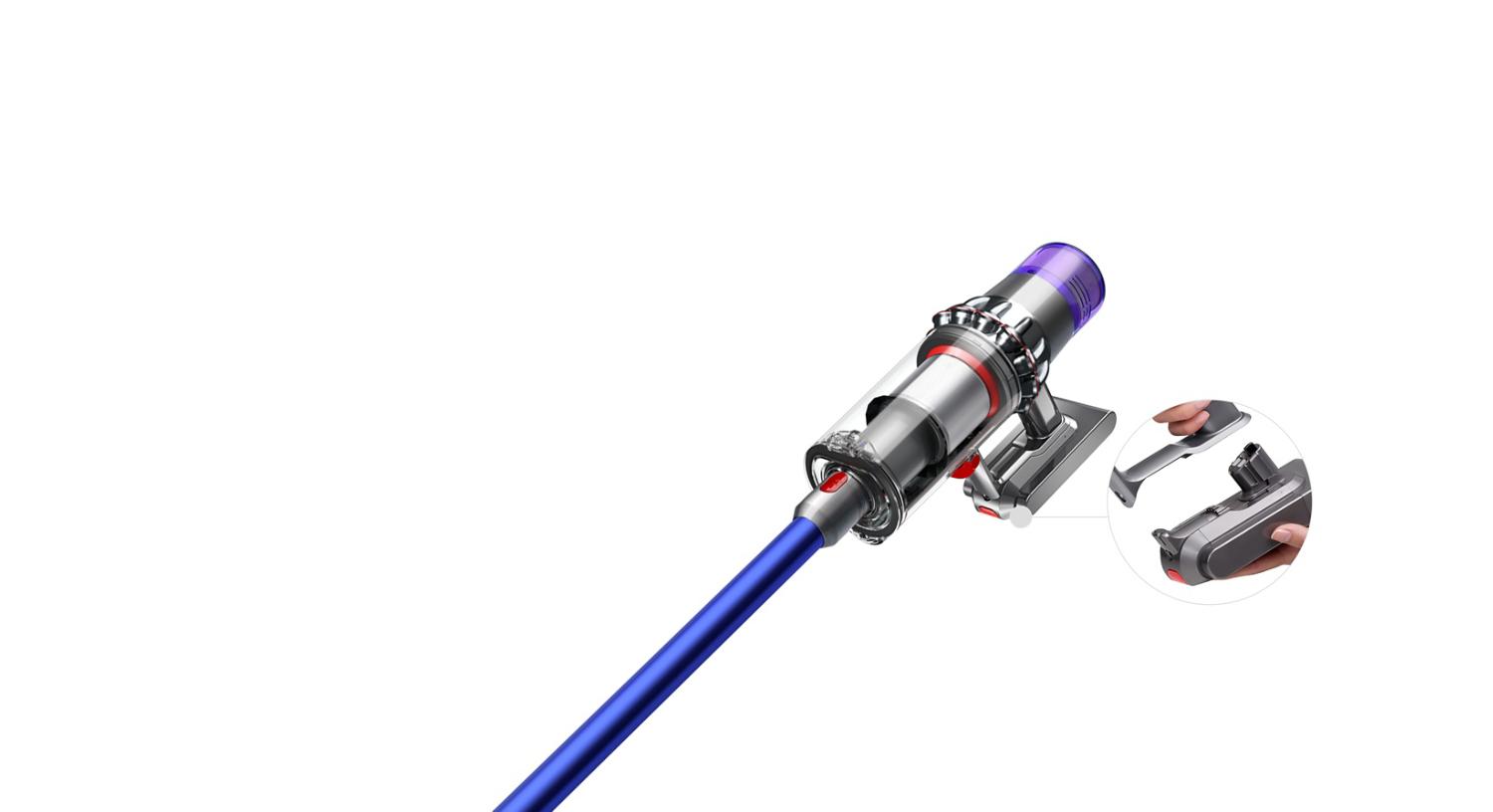 Image of V11 vacuum cleaner having the click-in battery removed.