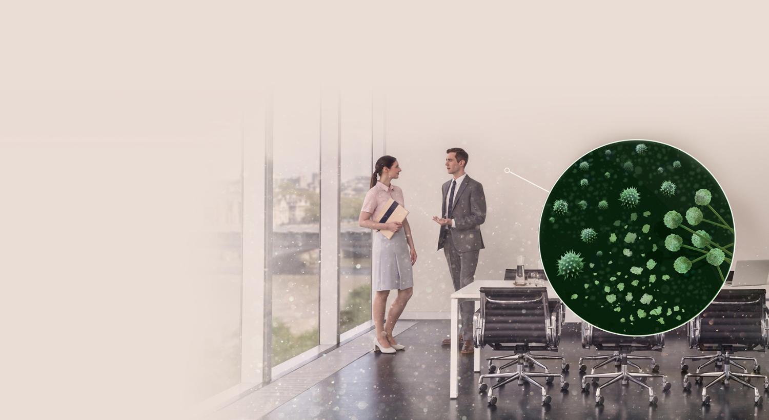 office workers in office surrounded by pollutants