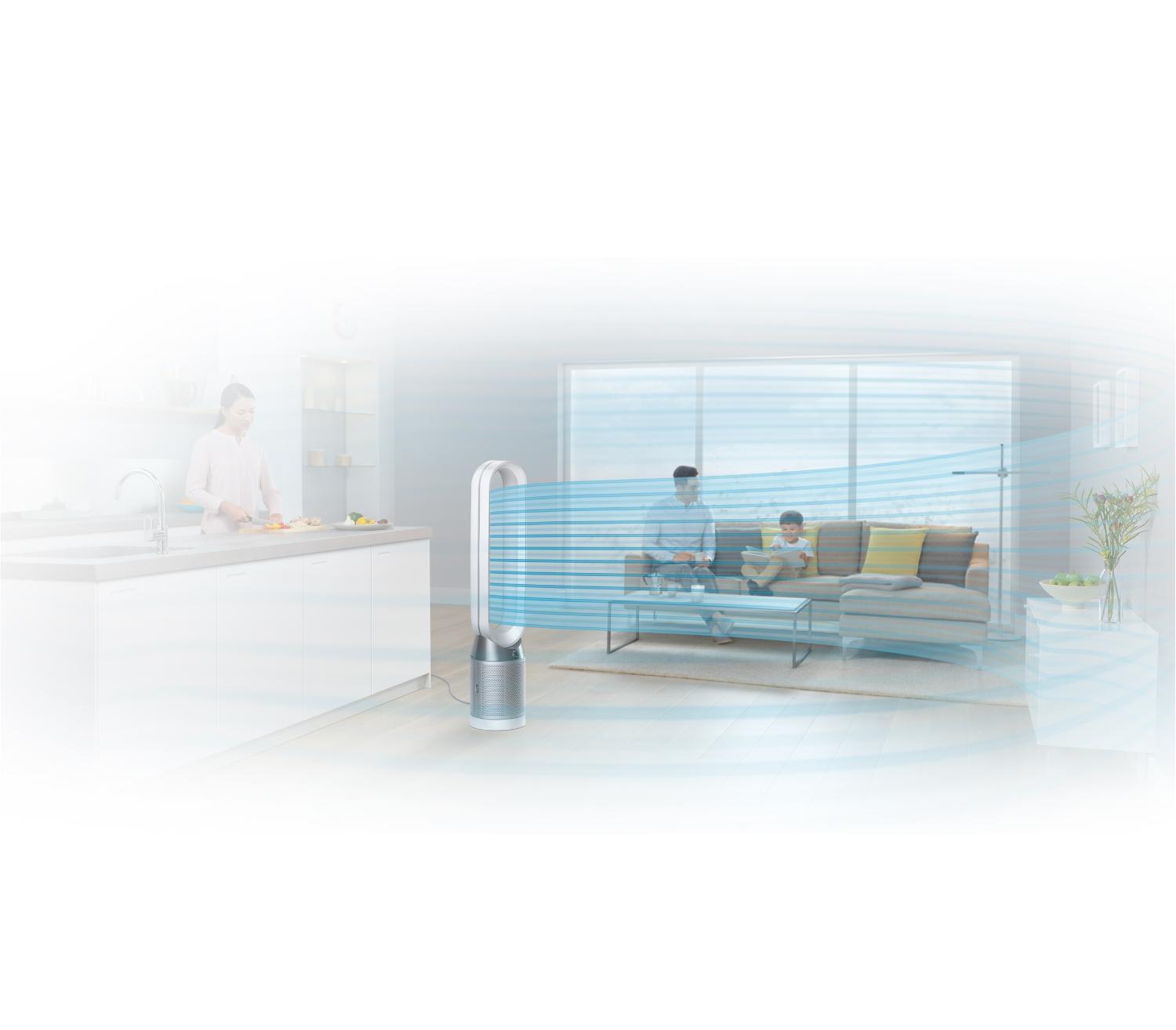 Dyson Pure Cool purifying fan projecting clean air throughout a living room