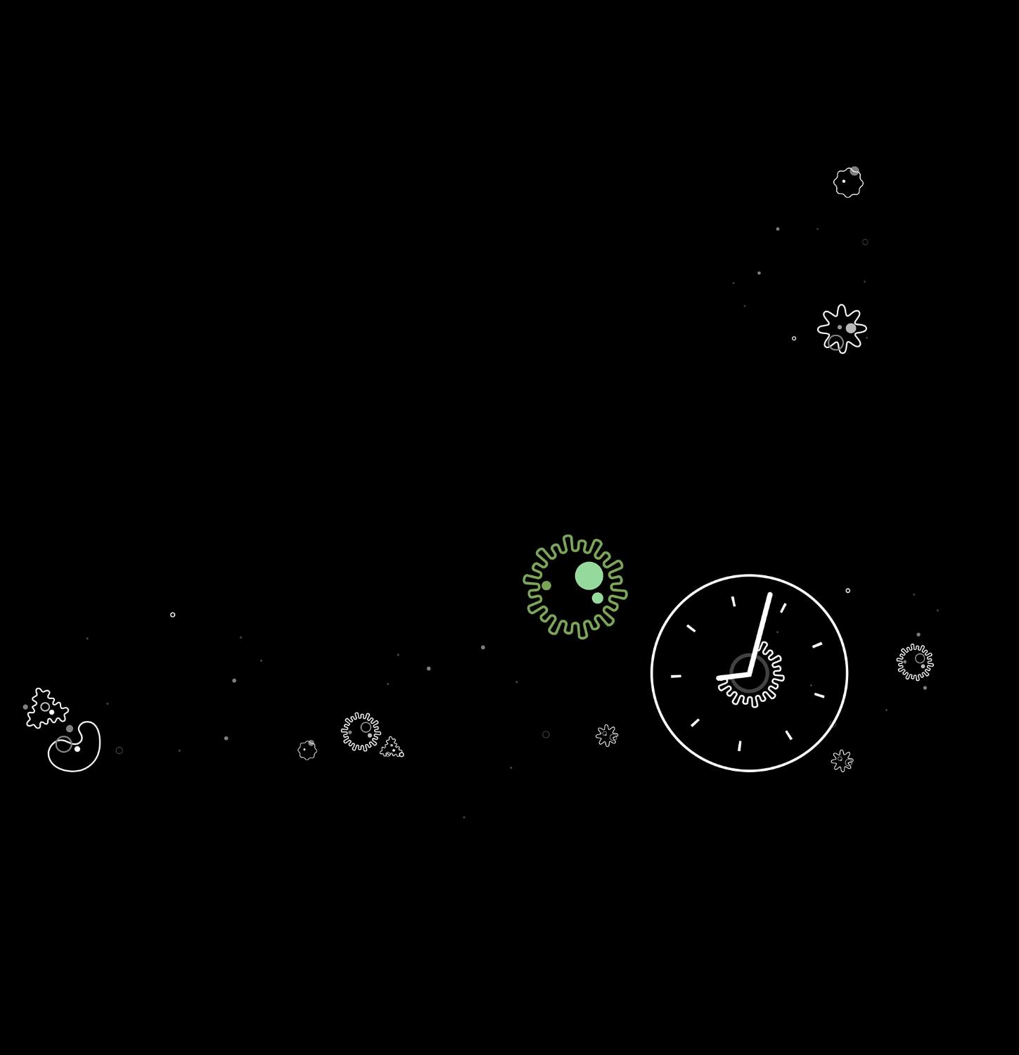 Line drawing of a germ and a clock showing that germs from a sneeze can live up to 45 minutes