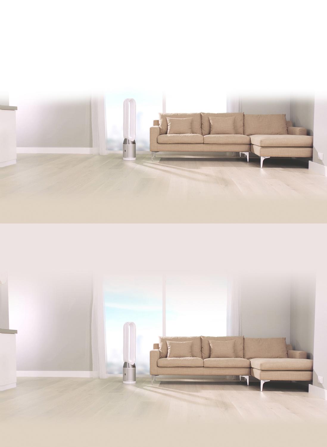 Le ventilateur purificateur Dyson Pure Cool🅪 dans une maison, près d’un sofa.
