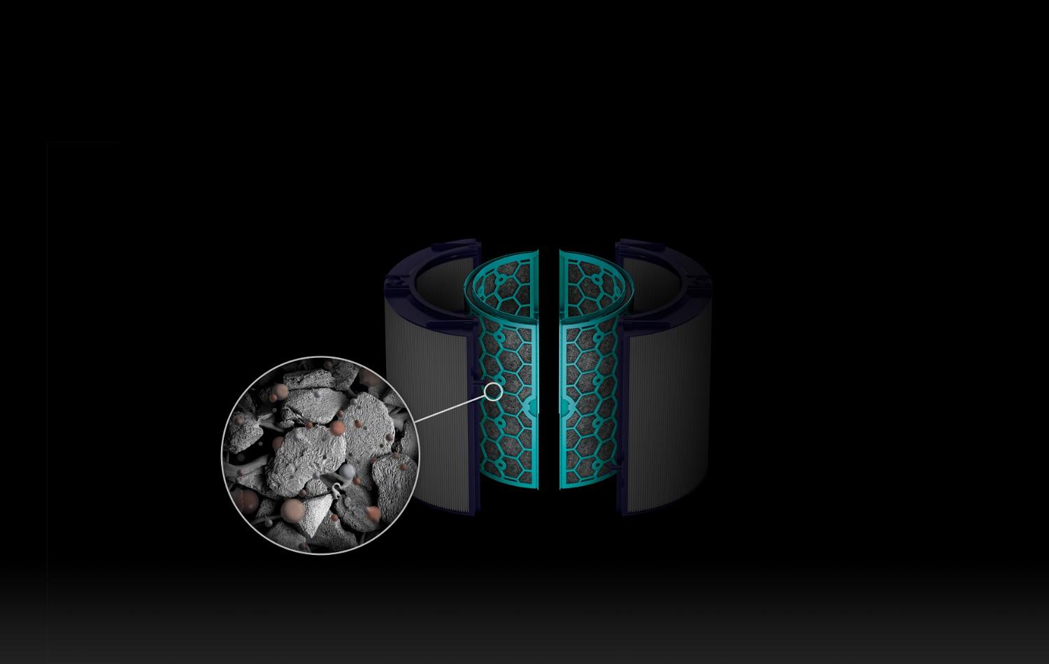 Dyson Pure Cool carbon filters captures gases magnified