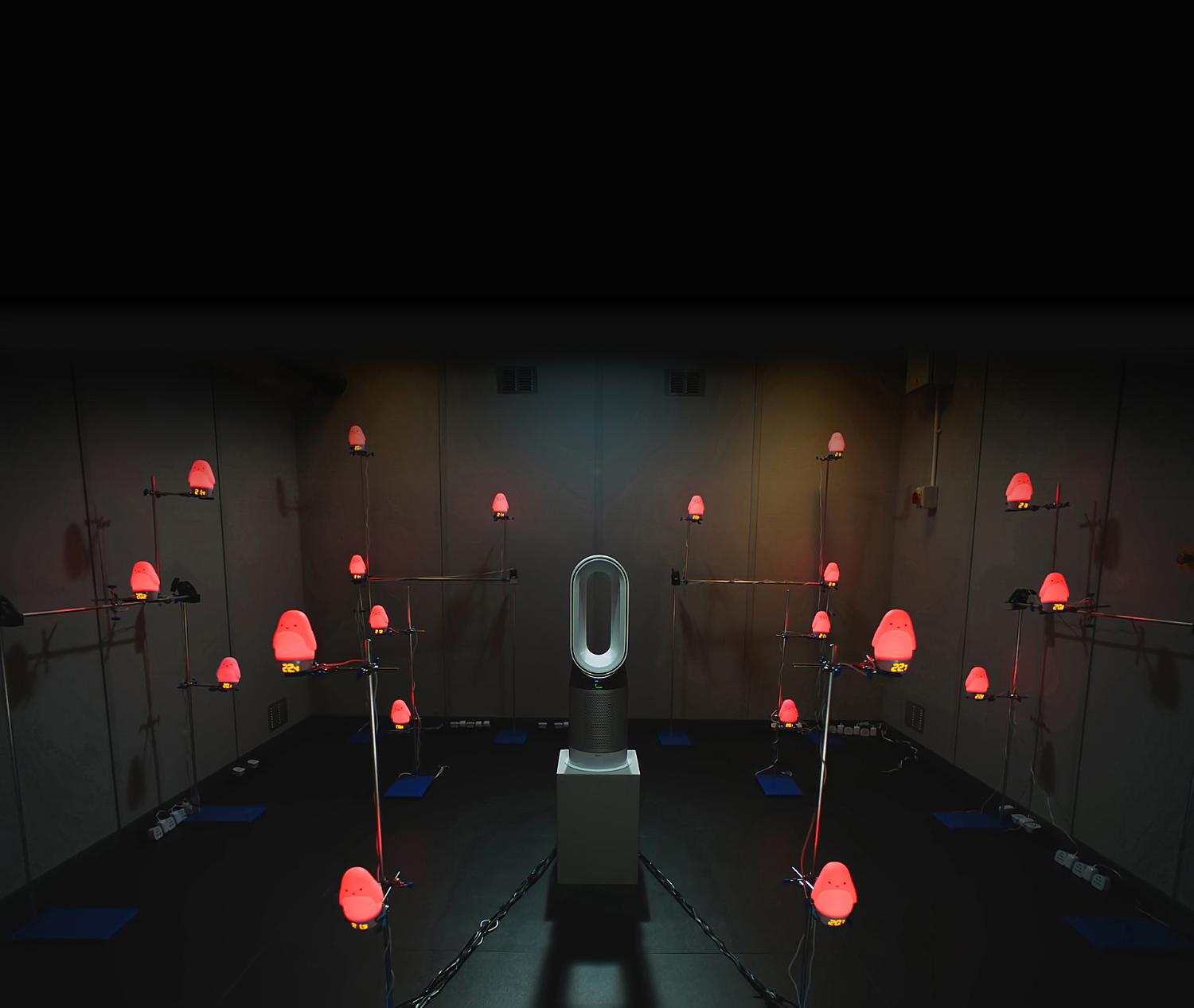 Dyson Pure Hot+Cool™ purifier fan heater in test lab surrounded by heat sensors