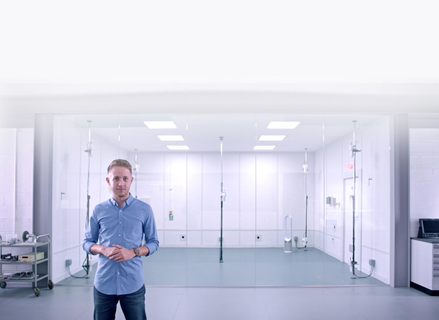 Dyson engineer standing in Dyson Pure Hot+Cool™ purifier fan heater test lab