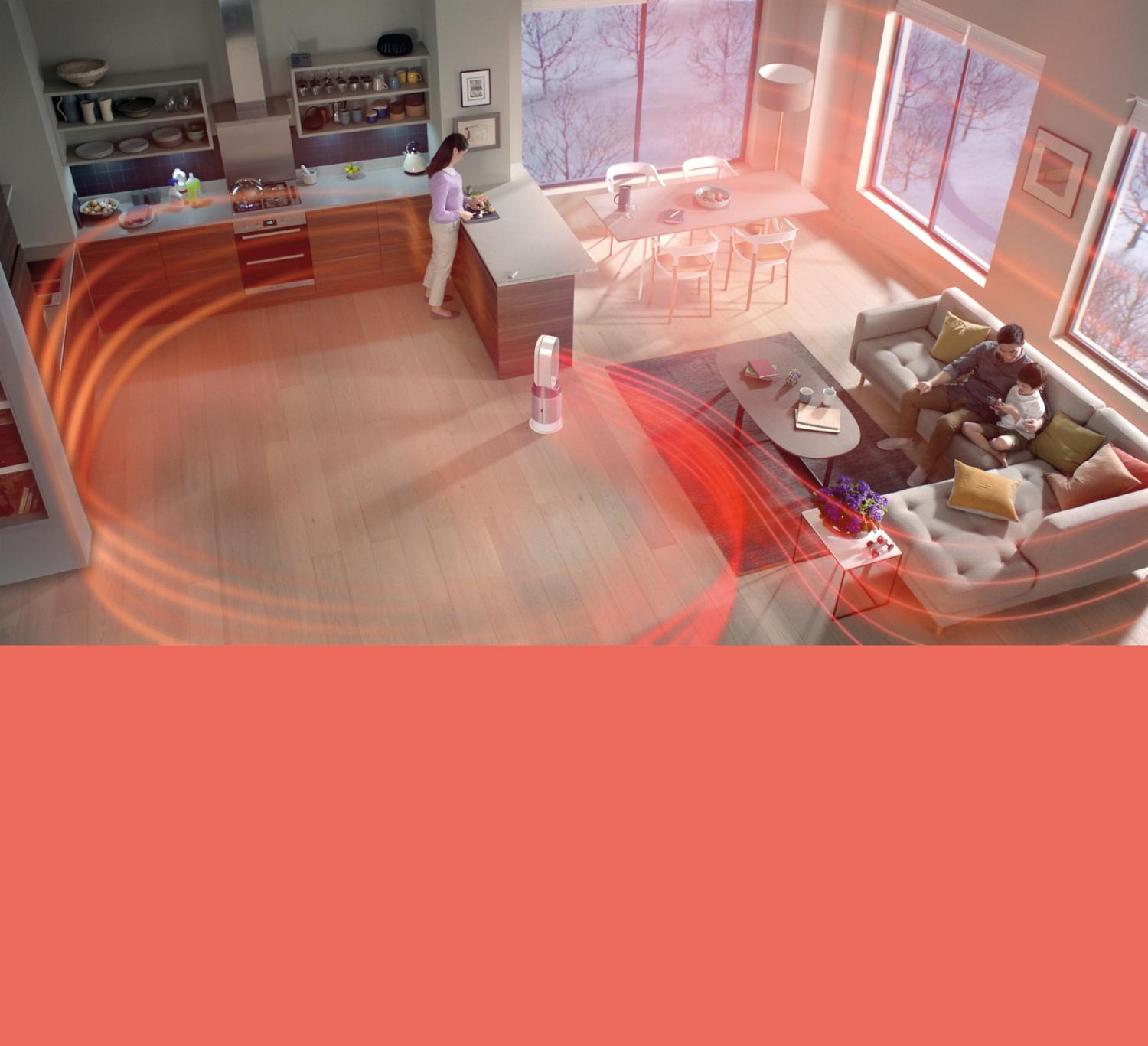 Dyson Pure Hot+Cool™ purifier fan heater projecting warm air around the home