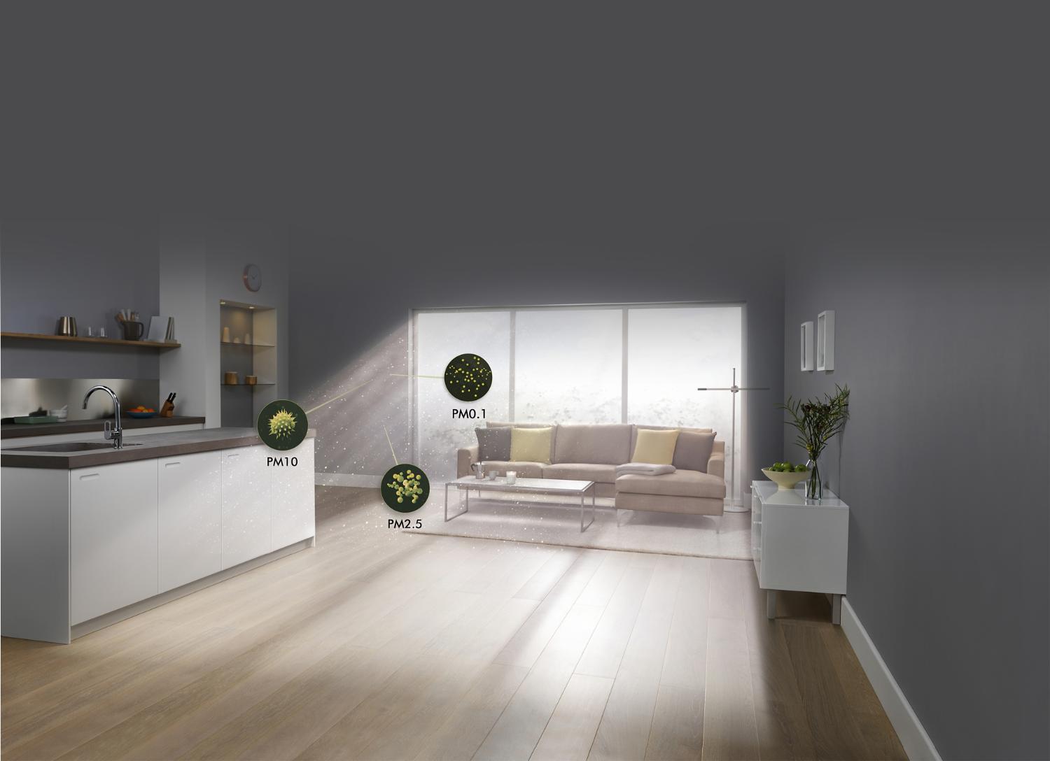 Licht dat in een woonkamer valt met detailopname van allergenen en verontreinigende stoffen