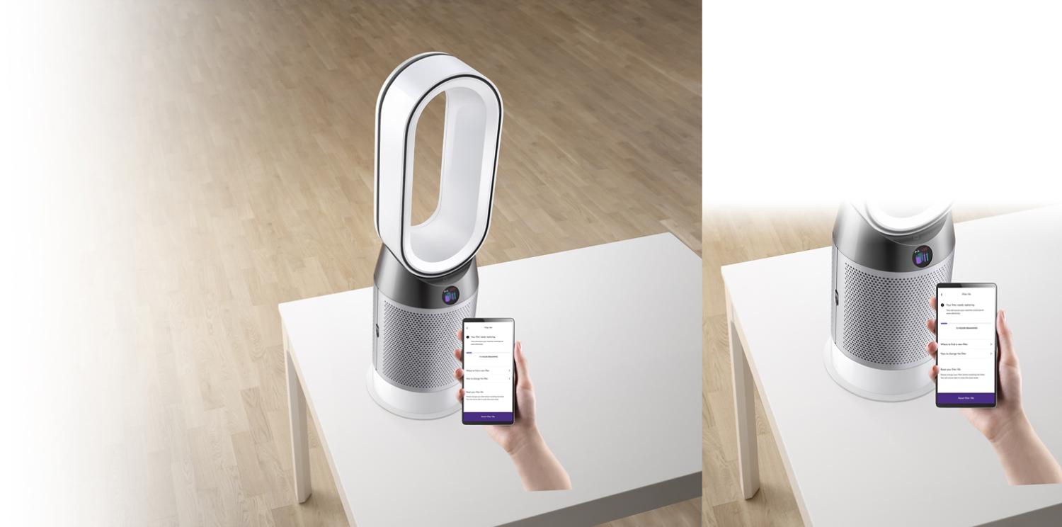 Demonstratie van Dyson Link-app waarmee de luchtreiniger/verwarmingsventilator wordt bediend