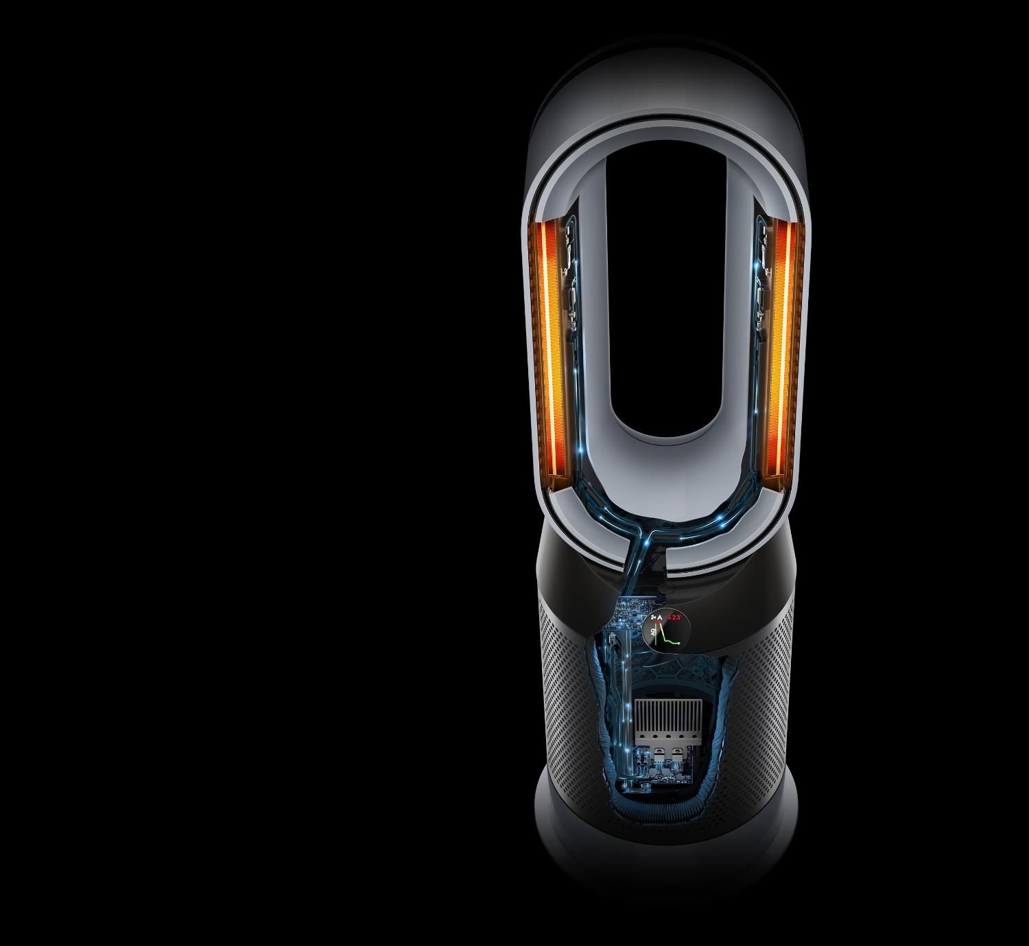 Opengewerkte tekening binnenkant Dyson luchtreiniger/verwarmingsventilator met thermostaatregeling