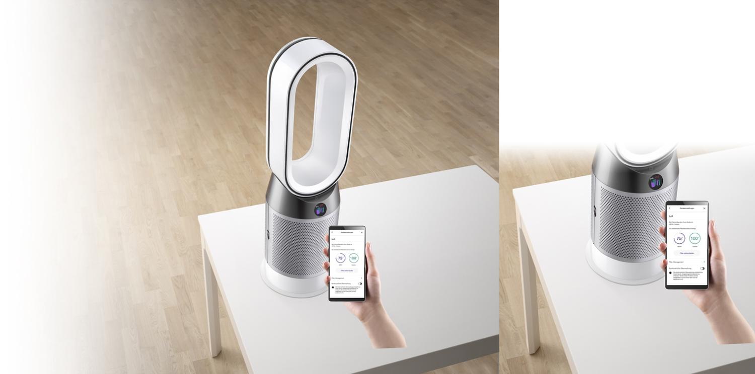 Demonstration der Dyson Link App bei der Steuerung des Heizlüfters mit Luftreiniger