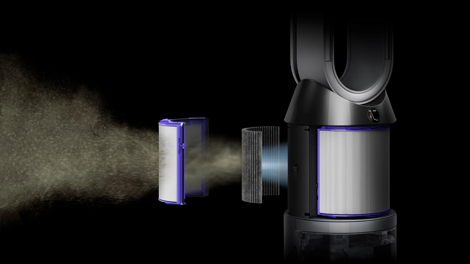 Gases and ultrafine particles being filtered by the Dyson purifier humidifier's filtration system