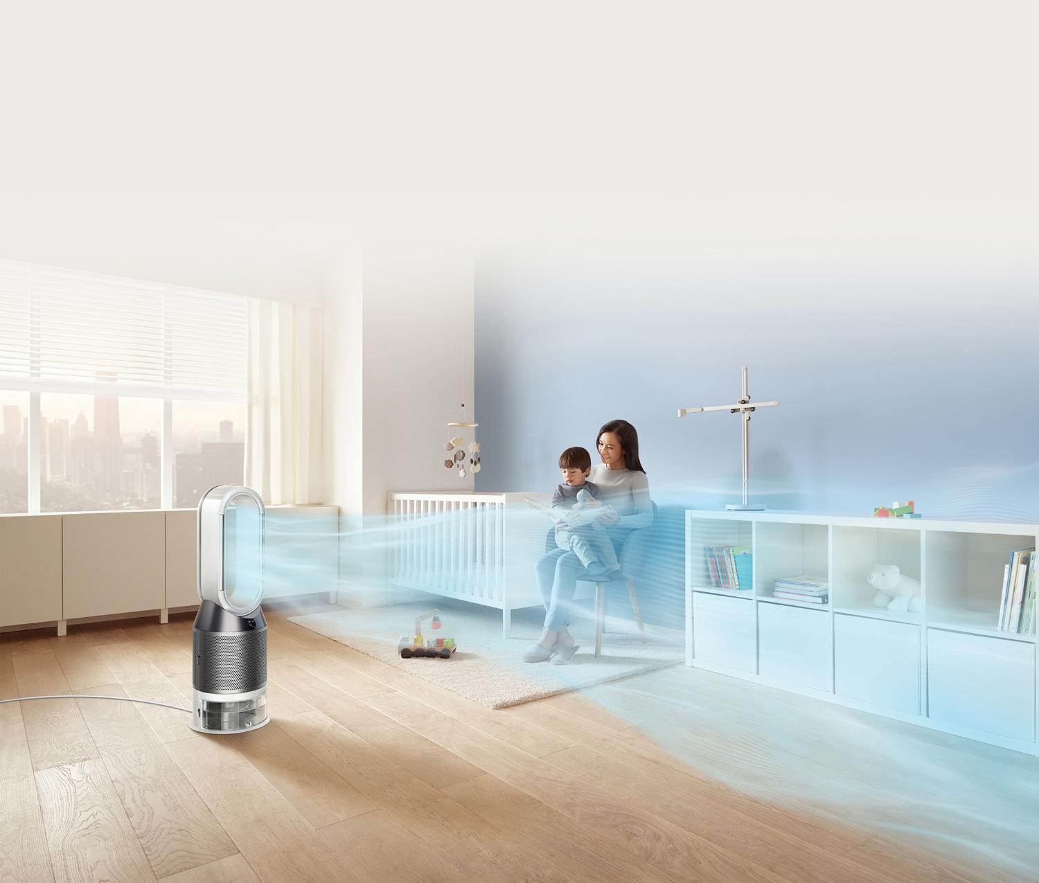 Dyson Pure Humidify+CoolTM drawing in dirty air and projecting purified, humidified air
