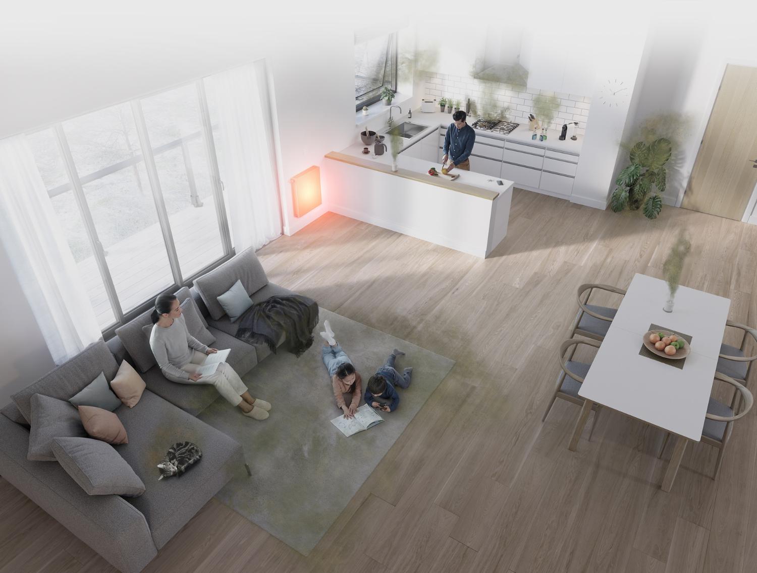 Een generiek huis, waarin alledaagse voorwerpen zoals meubels en het fornuis vervuilende stoffen afgeven, weergegeven met groene luchtpluimen