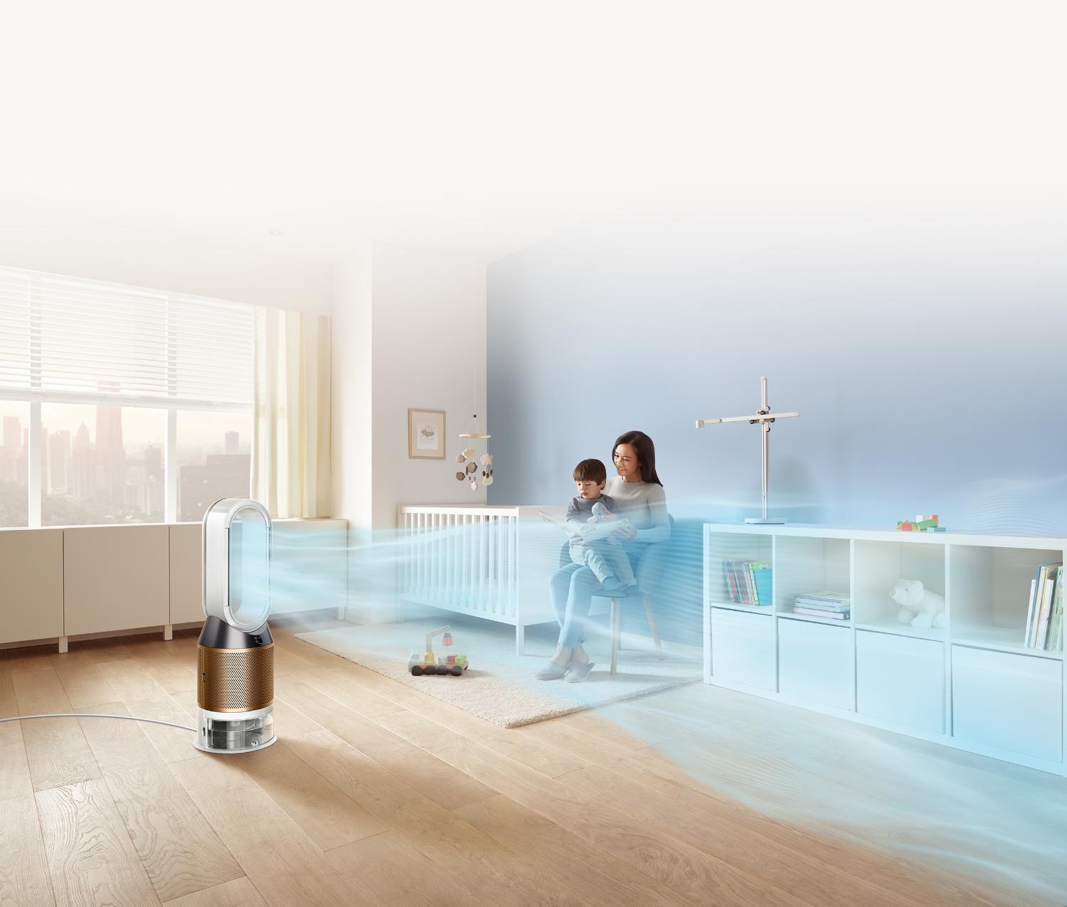 Dyson Pure Humidify+CoolTM drawing in dirty air and projecting purified, humidified air