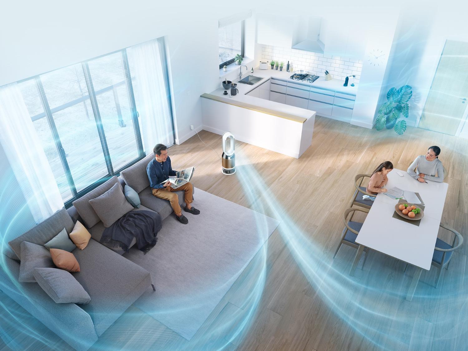 Dyson purifier humidifier projecting air throughout a whole room⁵ while a family relaxes