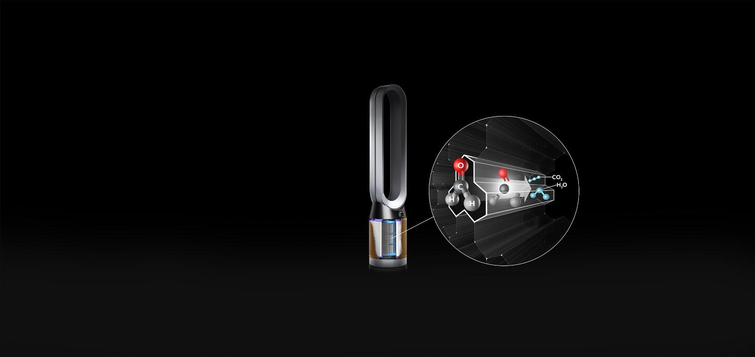 A Dyson Cryptomic purifier with an extreme close up of one of the nanoscopic tunnels inside the filter technology, destroying formaldehyde particles.