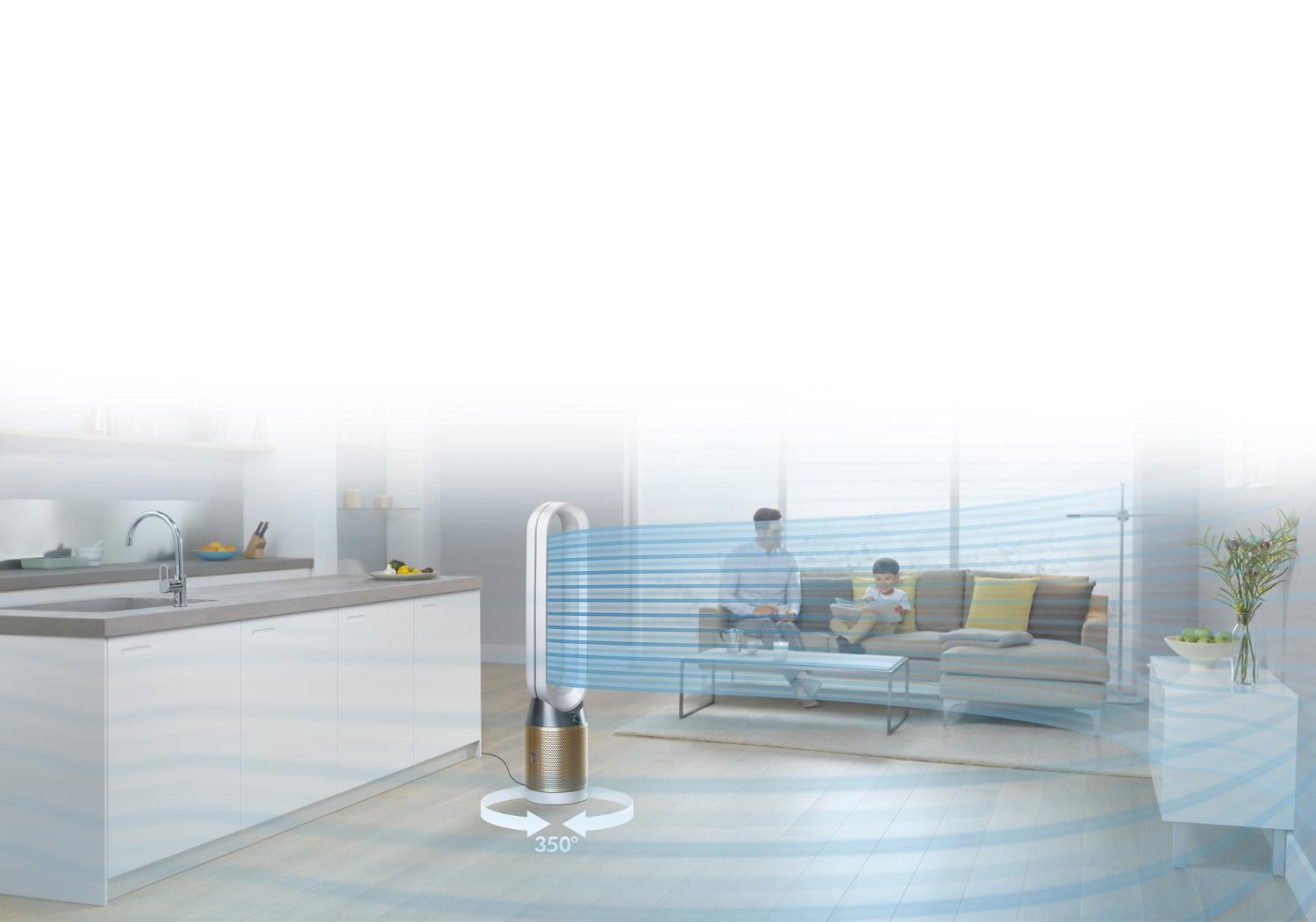 The Dyson Pure Cool Cryptomic projecting cooling purified air throughout a large open lounge and kitchen