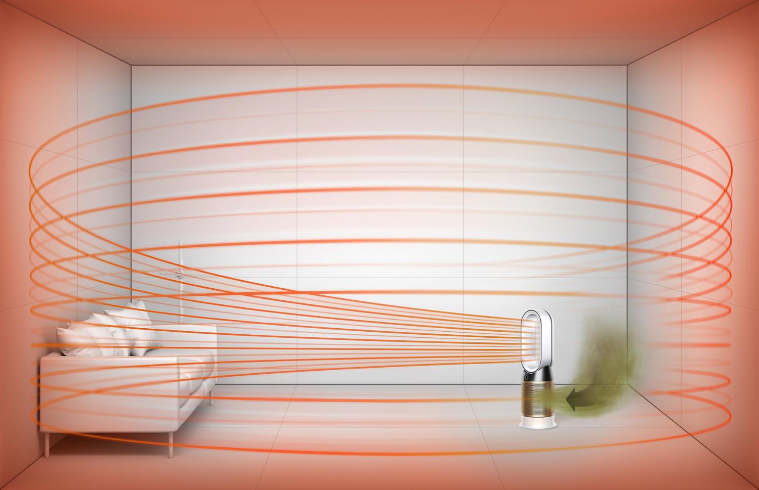 Een Dyson luchtreiniger/verwarmingsventilator die schonere, verwarmde lucht verspreidt.