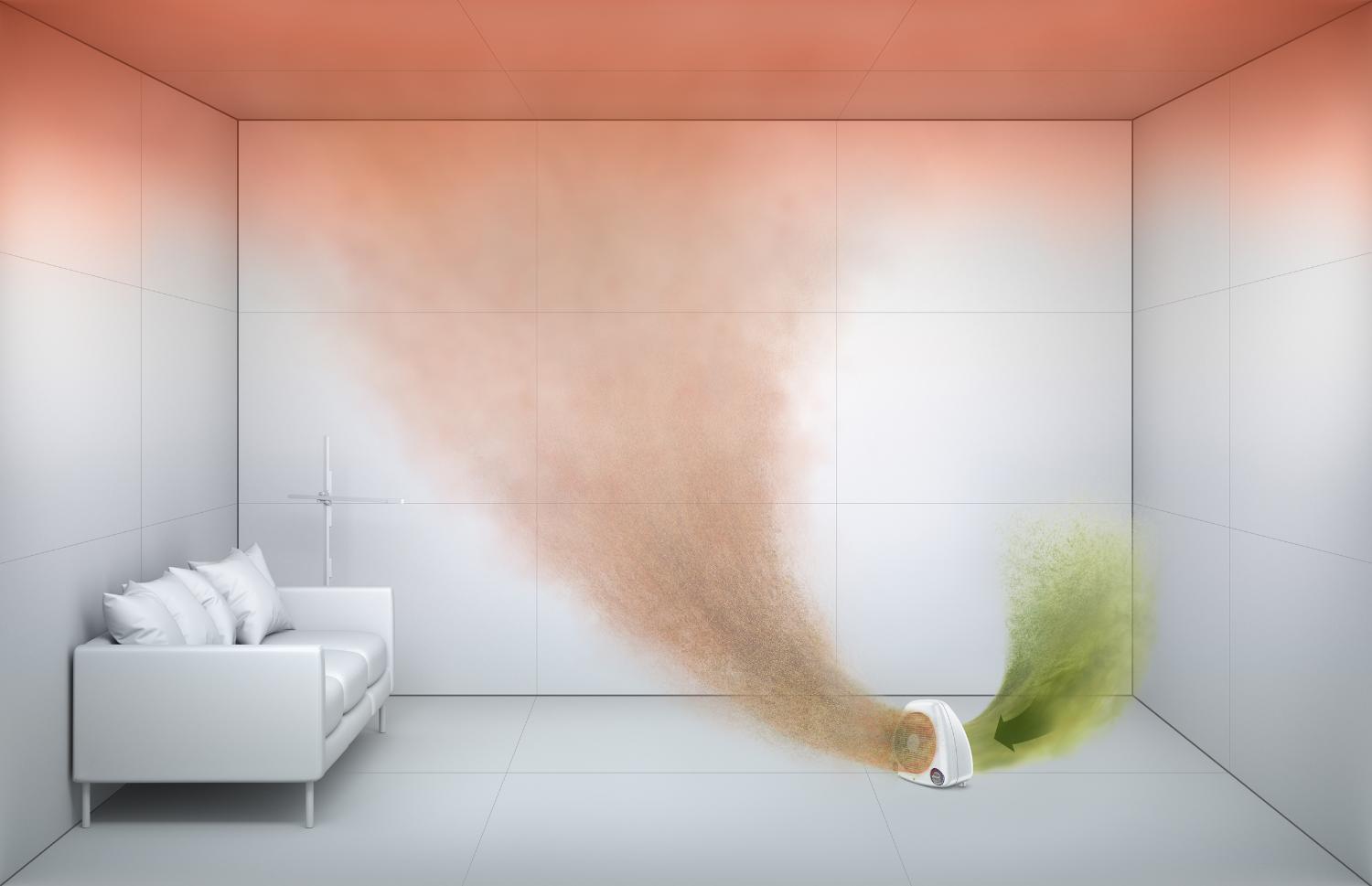 Een doorsnee verwarmingsventilator die vuile, verwarmde lucht in de kamer laat circuleren.
