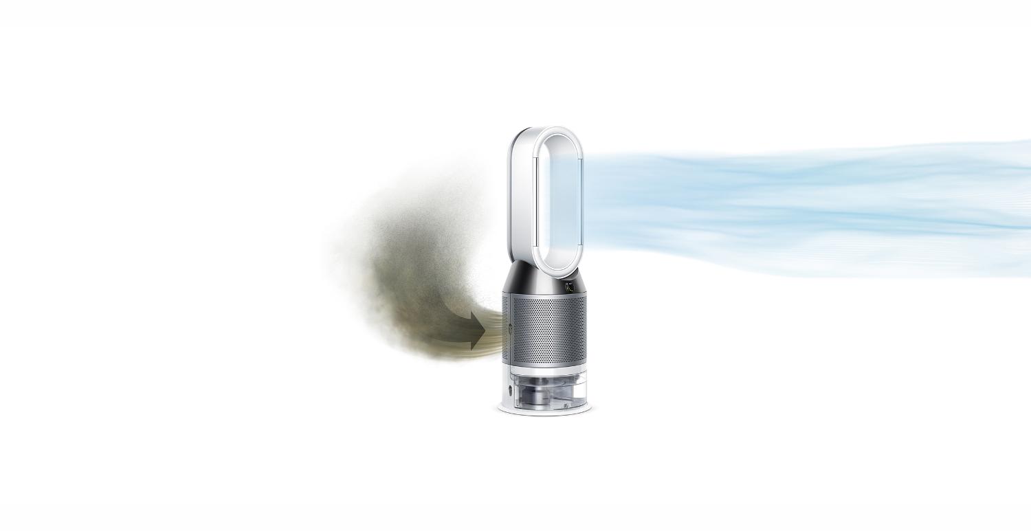 Dyson Pure Humidify+Cool drawing in dirty air and projecting purified, humidified air