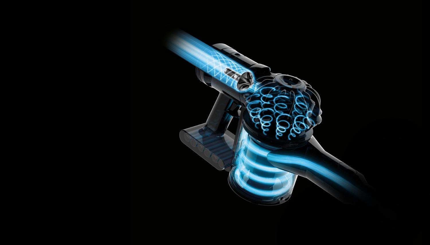 Opengewerkte tekening van de werking van de Dyson V7 motor en cycloon