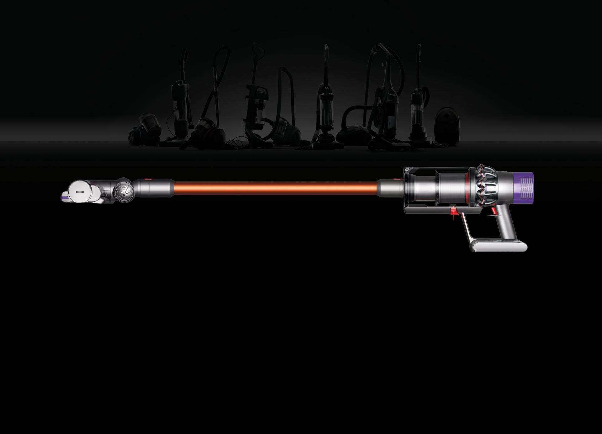 Dyson Cyclone V10™ vacuum cleaner with older models in background