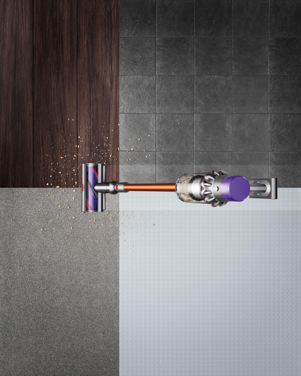 V10 vacuum cleaner cleaning across multiple floor types