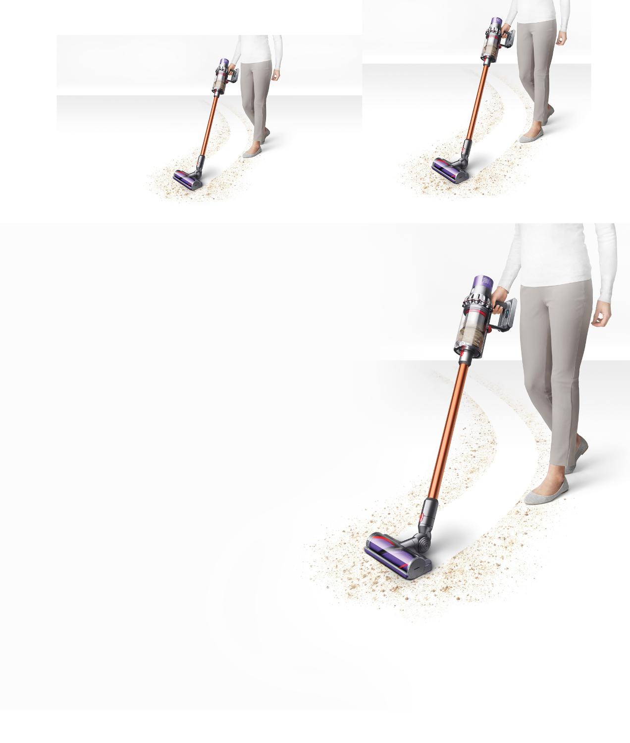 Vrouw die vuil verwijdert met de Dyson V10 stofzuiger.
