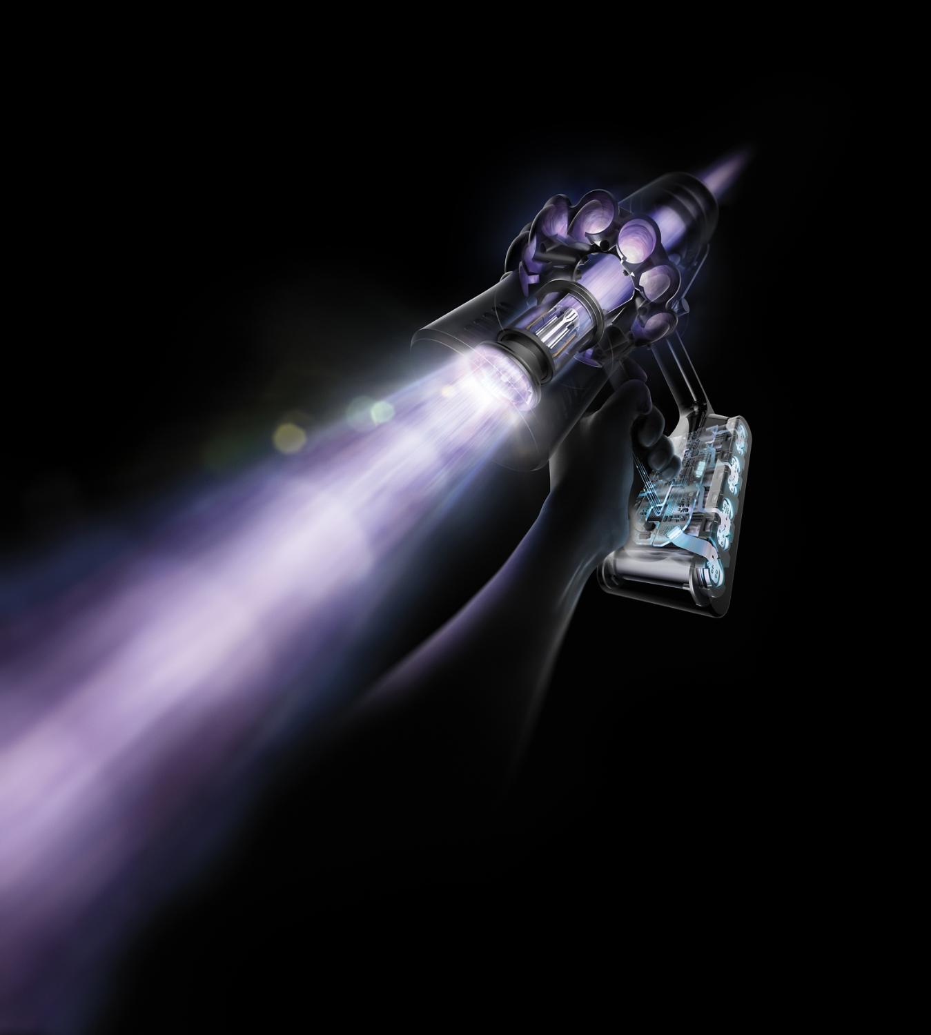Illustratie van de interne werking van de Dyson V10 stofzuiger.