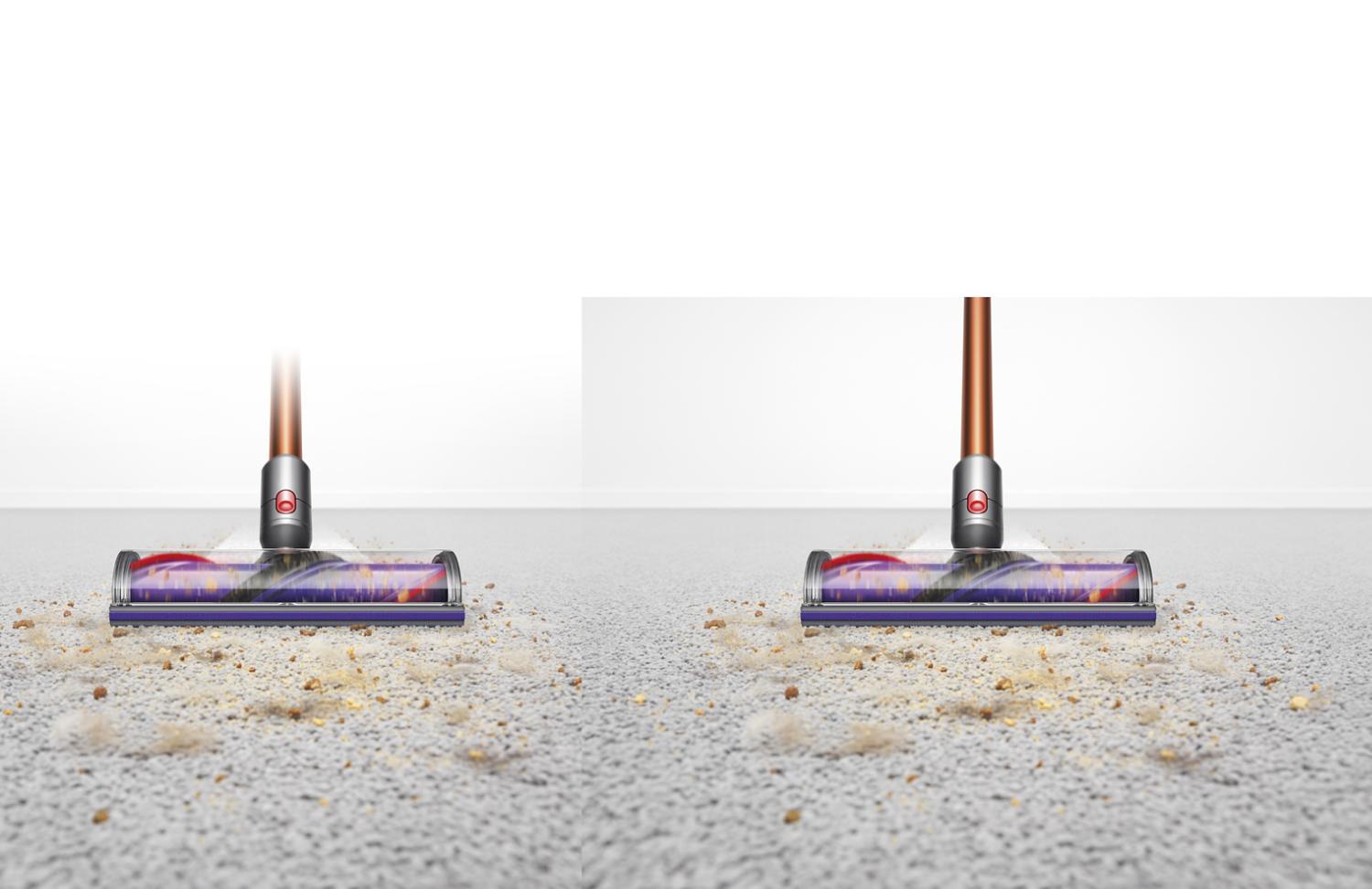 Close up of direct drive cleaner head cleaning pet hair on carpet