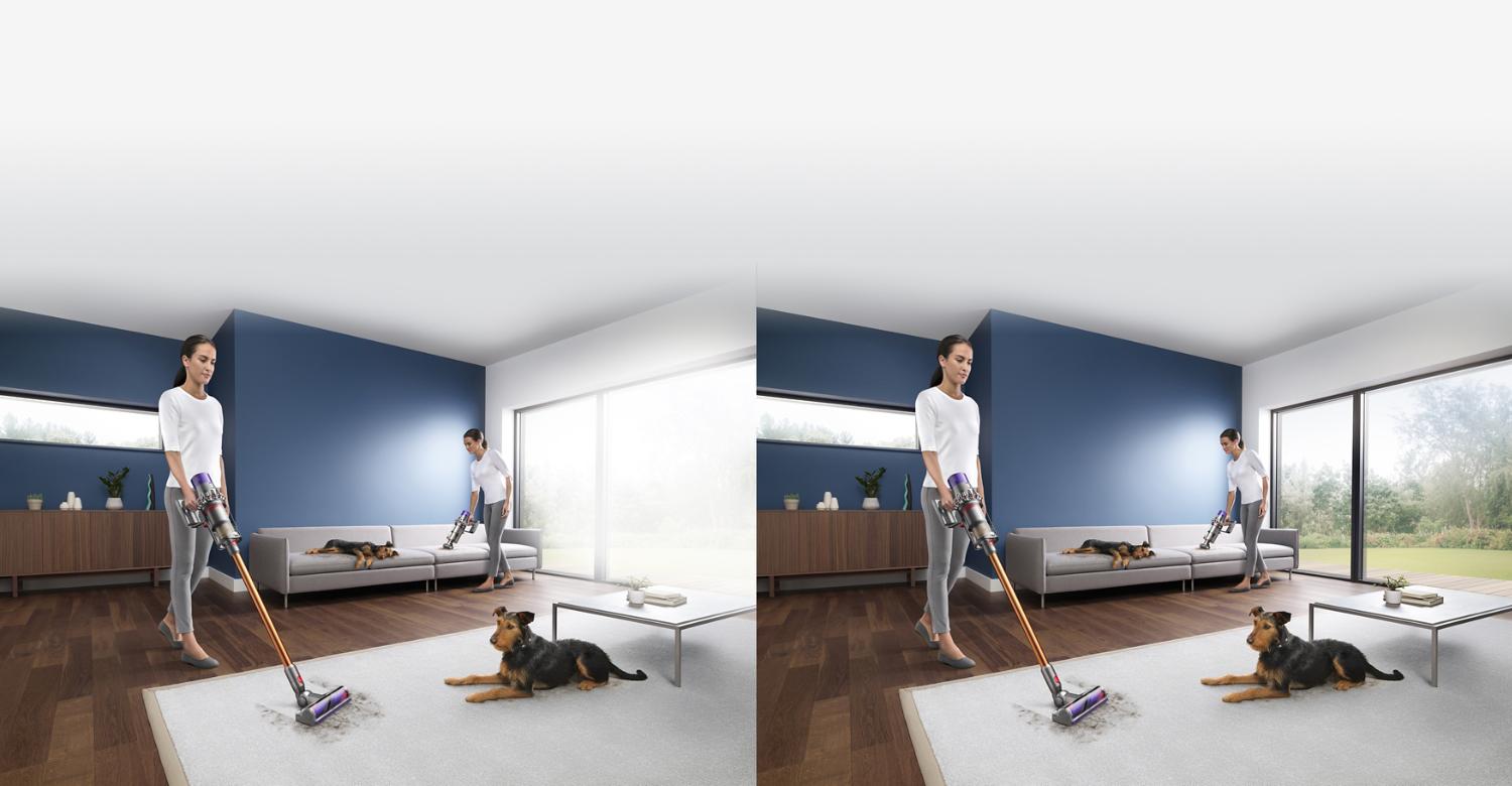 Woman vacuuming room after pet