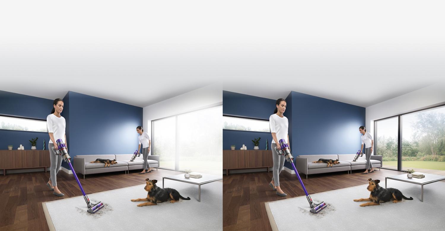 Woman vacuuming room after pet