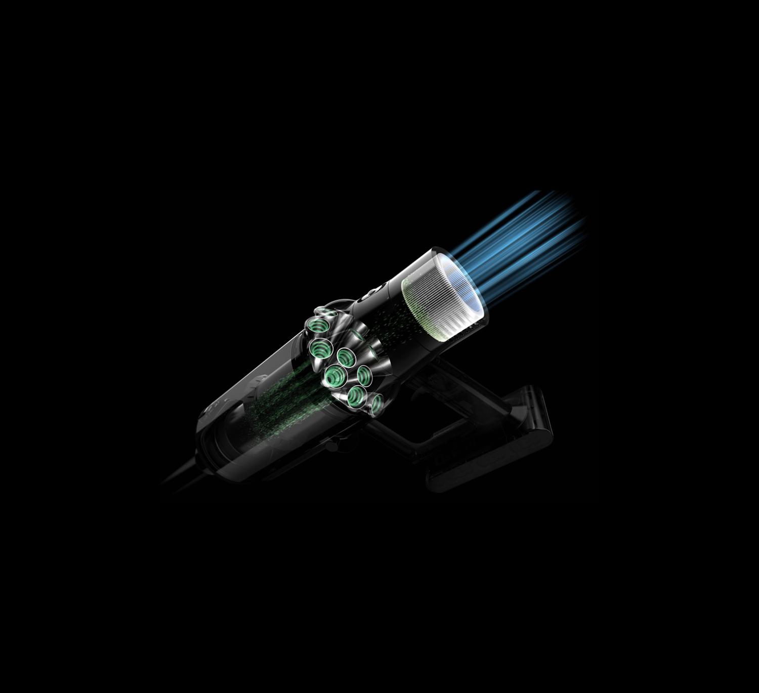 Technical diagram of air flowing through the Dyson Cyclone V10™ vacuum.