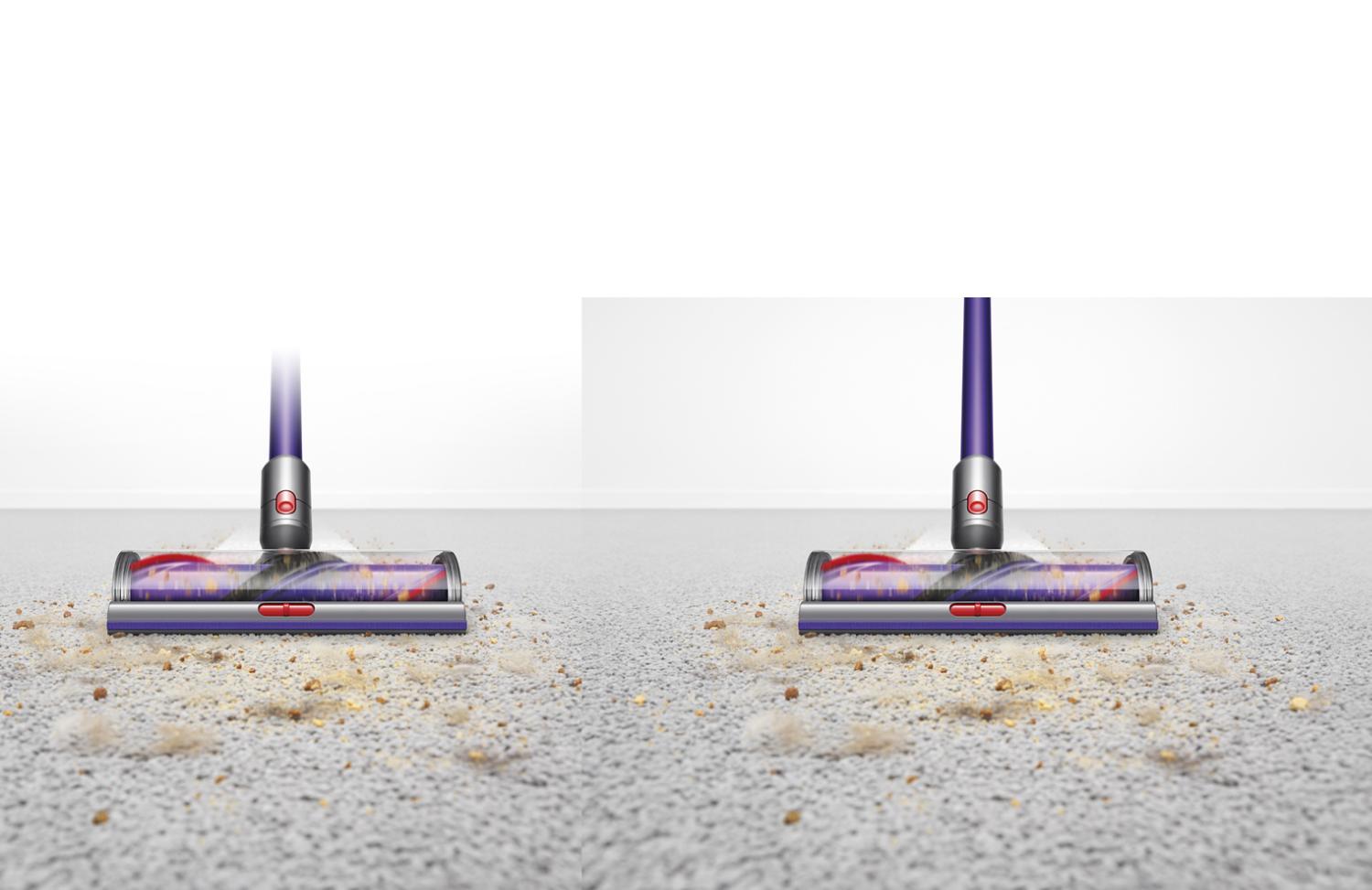 Close up of direct drive cleaner head cleaning pet hair on carpet