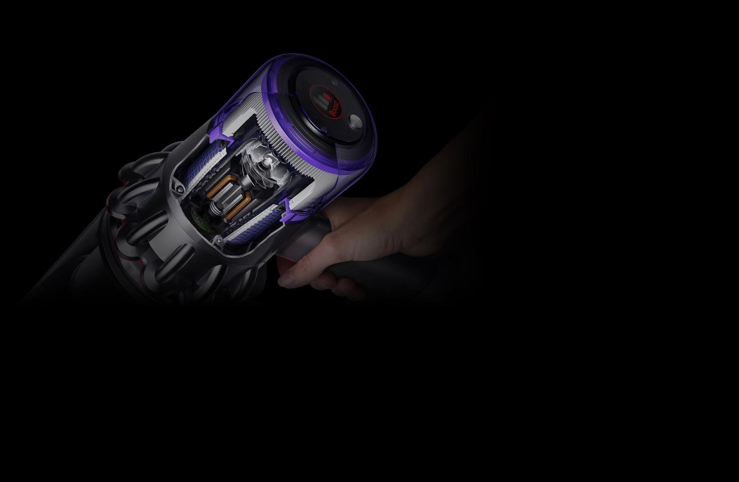 Cutaway diagram showing motor and filter inside Dyson V11™ vacuum