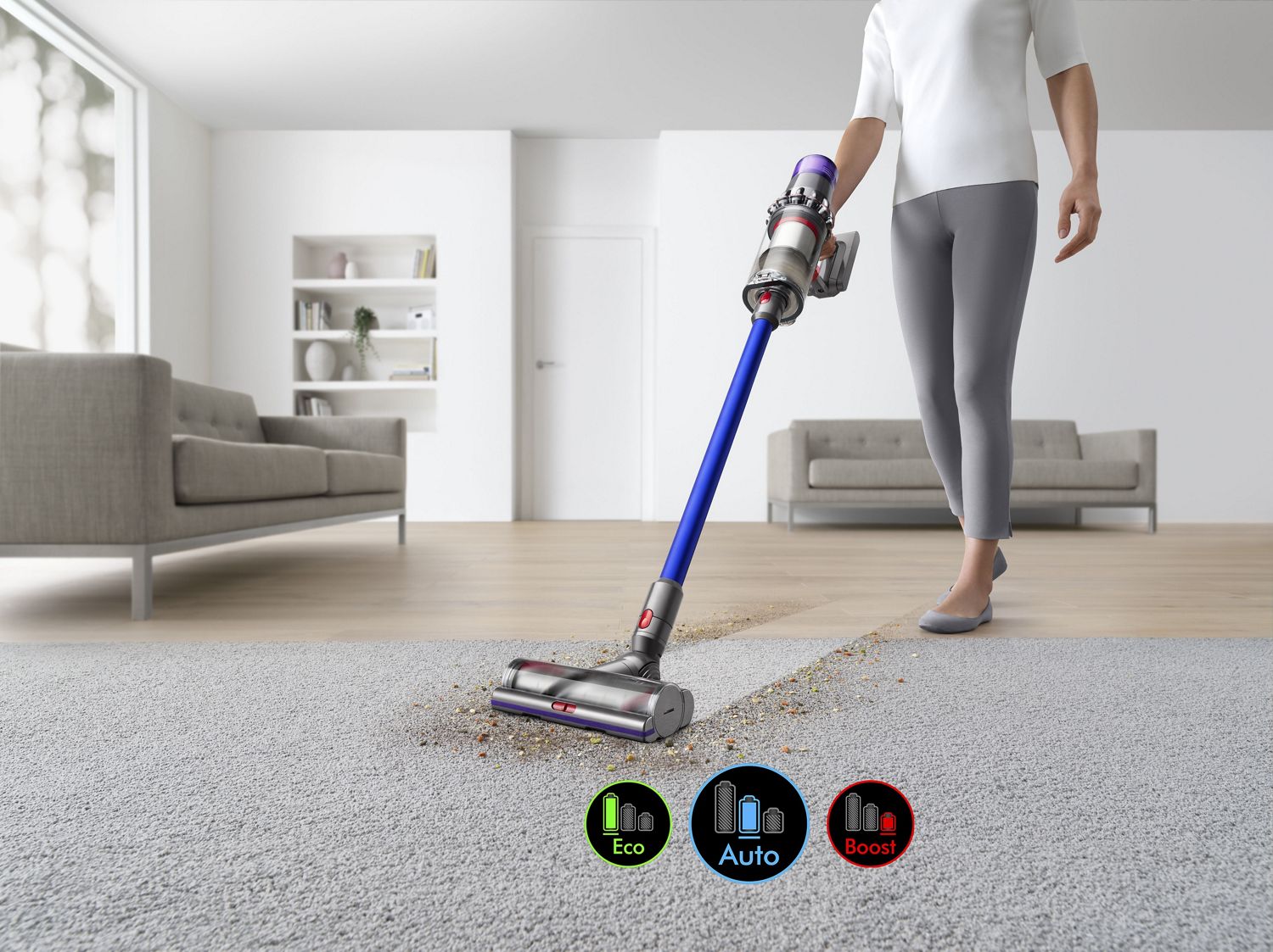 Cleaner head on carpet with image of screen showing three power modes