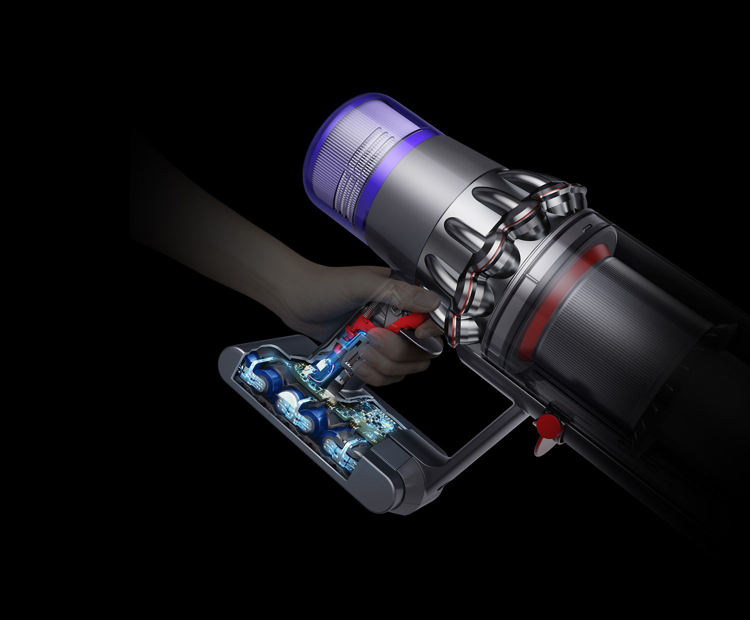 Cutaway diagram of Dyson V11™ vacuum trigger and battery