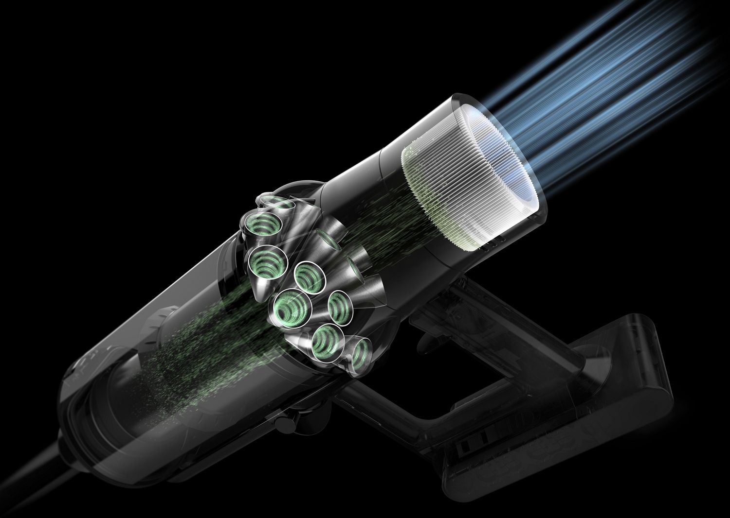 Diagram of airflow through a Dyson V11™ vacuum filter