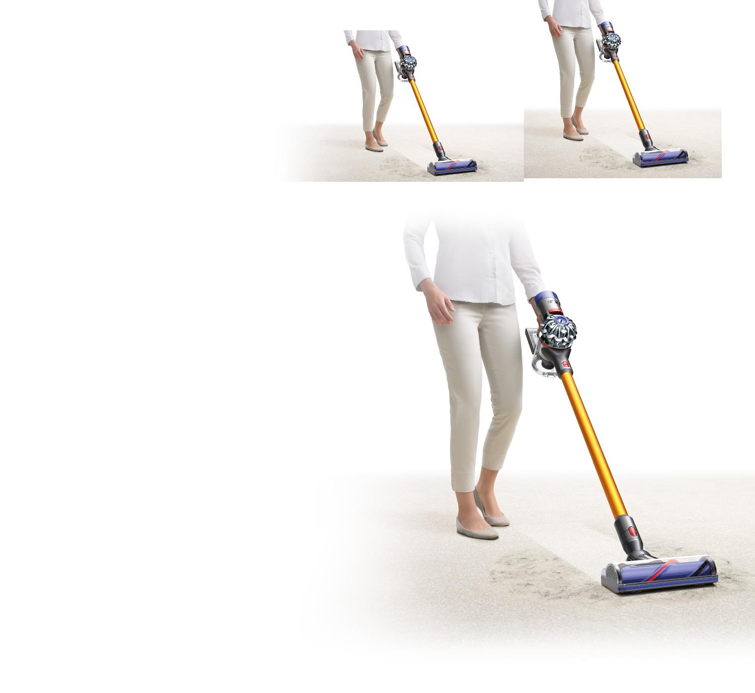 Mujer limpiando una alfombra con aspiradora sin cable Dyson V8