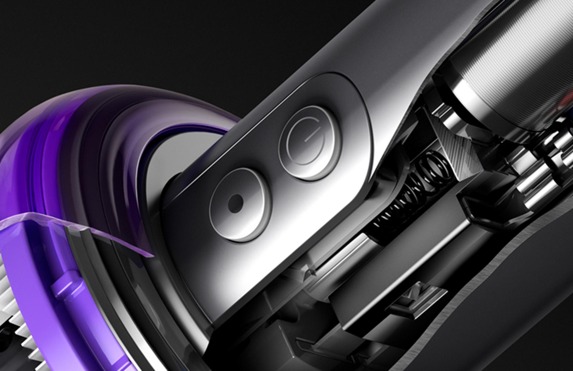 Cutaway diagram of handle with power and mode buttons.