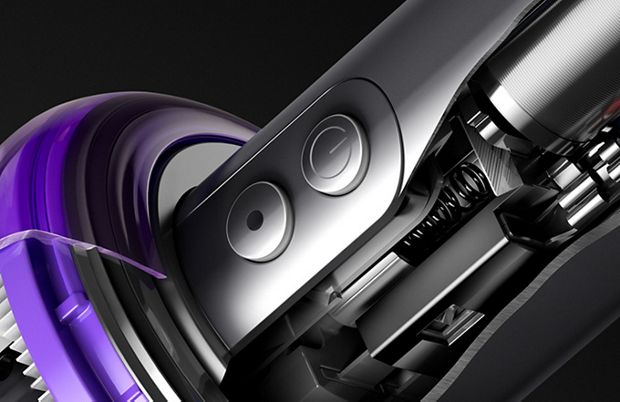 Cutaway diagram of handle with power and mode buttons.