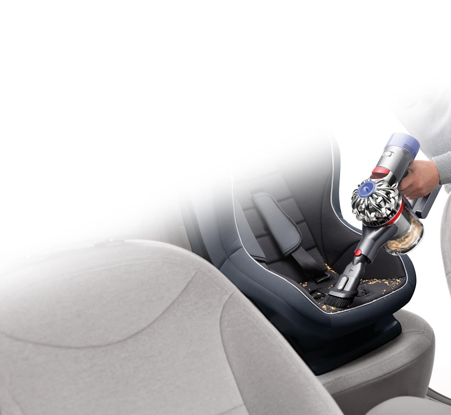 Dyson cord-free vacuum on car seat