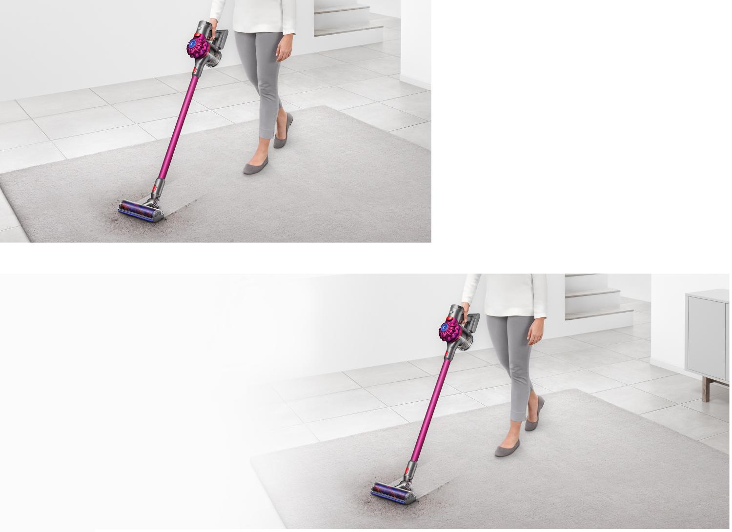 Personne utilisant un Dyson V7 fuchsia pour nettoyer une moquette gris clair.